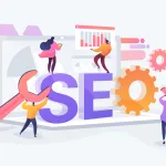 Website traffic, web page visibility. Marketers team creating digital advertising characters. Search engines, online marketing, seo tools concept. Vector isolated concept creative illustration