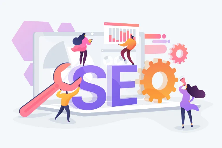 Website traffic, web page visibility. Marketers team creating digital advertising characters. Search engines, online marketing, seo tools concept. Vector isolated concept creative illustration