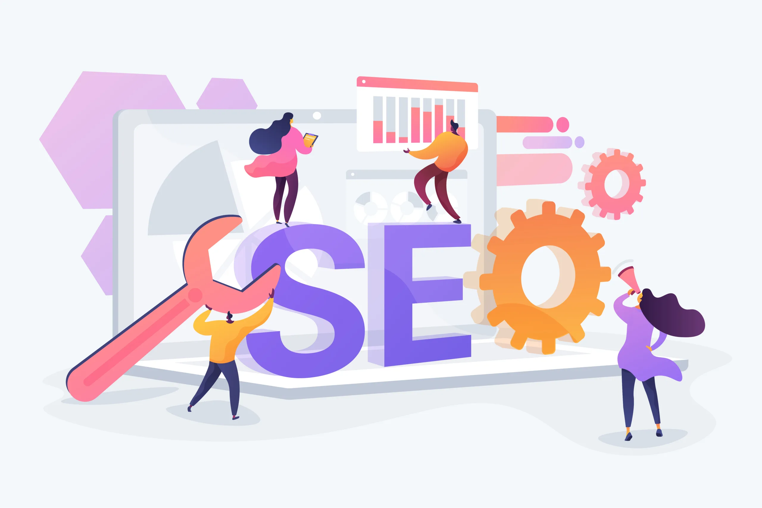 Website traffic, web page visibility. Marketers team creating digital advertising characters. Search engines, online marketing, seo tools concept. Vector isolated concept creative illustration