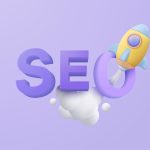 Illustration of the letters "SEO" with a small rocket launching through the "O" on a light purple background.