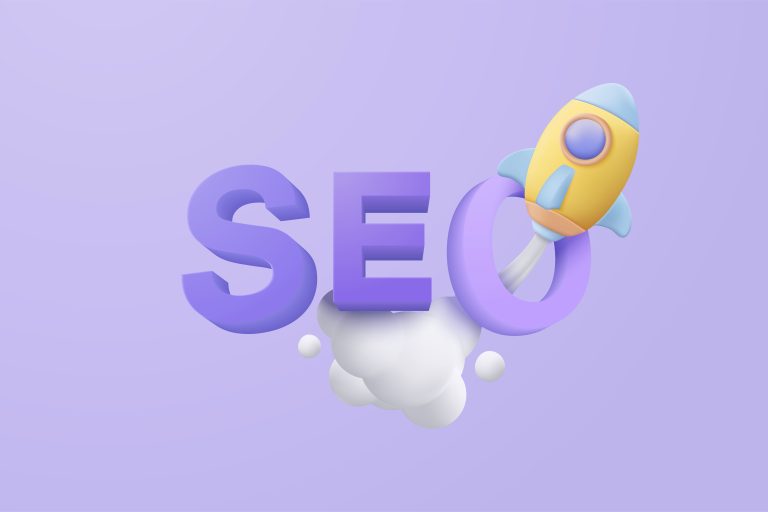 Illustration of the letters "SEO" with a small rocket launching through the "O" on a light purple background.