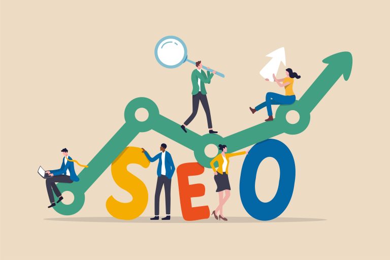 Illustration of five people interacting with large SEO letters and an upward-trending graph line, symbolizing growth and strategy in search engine optimization.