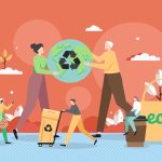 Illustration of conscious consumers recycling and promoting eco-friendly practices, featuring a globe with recycling symbols, a recycling bin, and a reusable shopping bag adorned with the word "eco." Perfect for your Shopify store.