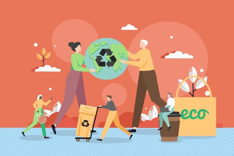 Illustration of conscious consumers recycling and promoting eco-friendly practices, featuring a globe with recycling symbols, a recycling bin, and a reusable shopping bag adorned with the word "eco." Perfect for your Shopify store.